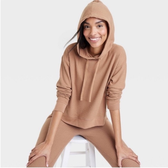 NWOT Stars Above Brown Waffle Knit Lounge Hooded Sweatshirt - Picture 3 of 11